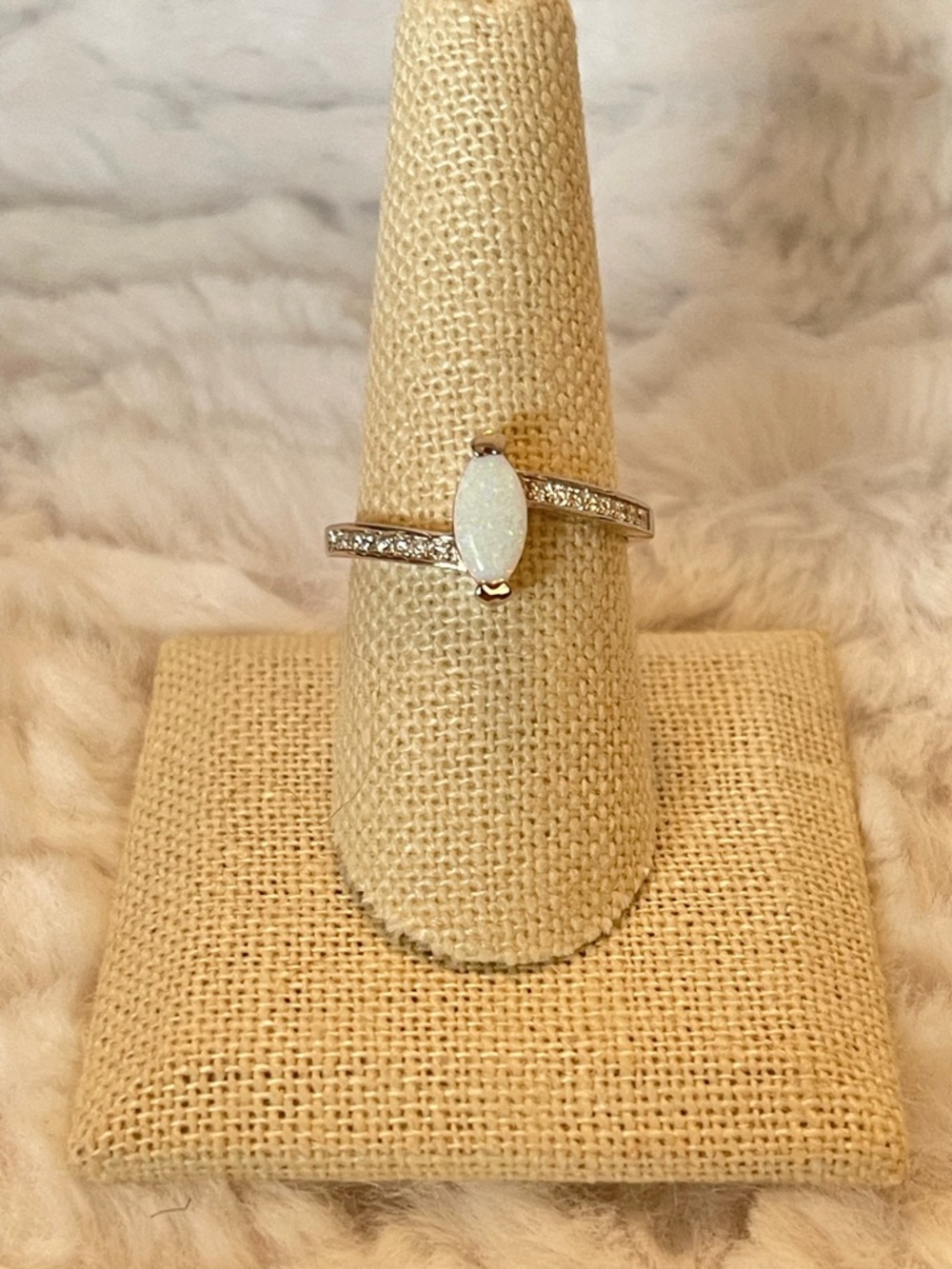 Sterling Silver White Opal Marquise Ring CZ Accents Size 9 Dainty Stackable